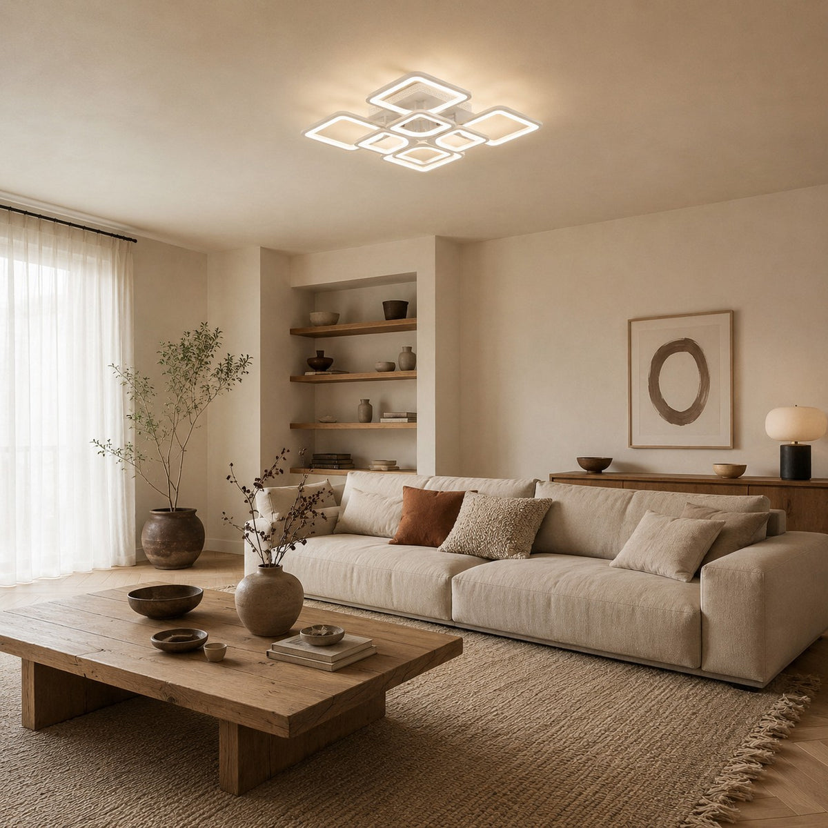 Lustre Moderne Carre Blanc - ambiance salon