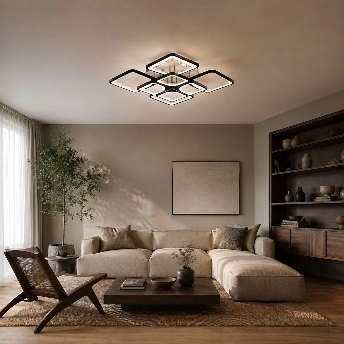 Lustre Moderne Carre Noir - ambiance salon