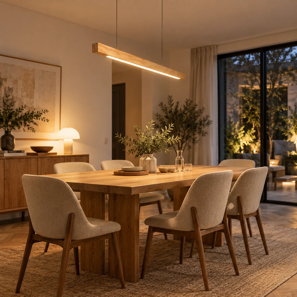 Lustre Moderne Barre Bois claire - ambiance