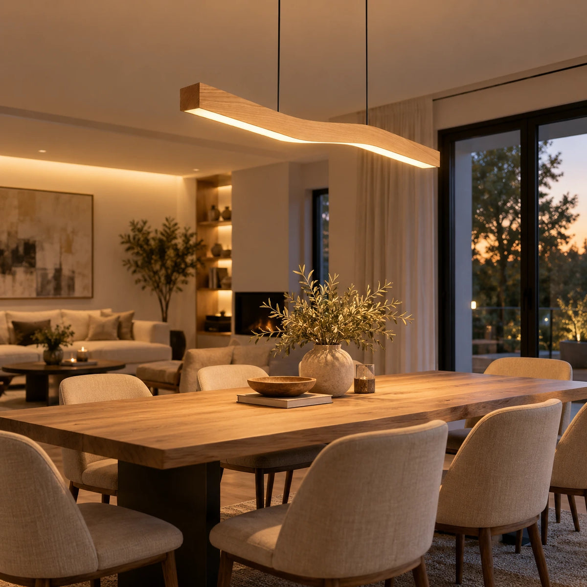 Lustre Moderne Courbe Bois claire - ambiance