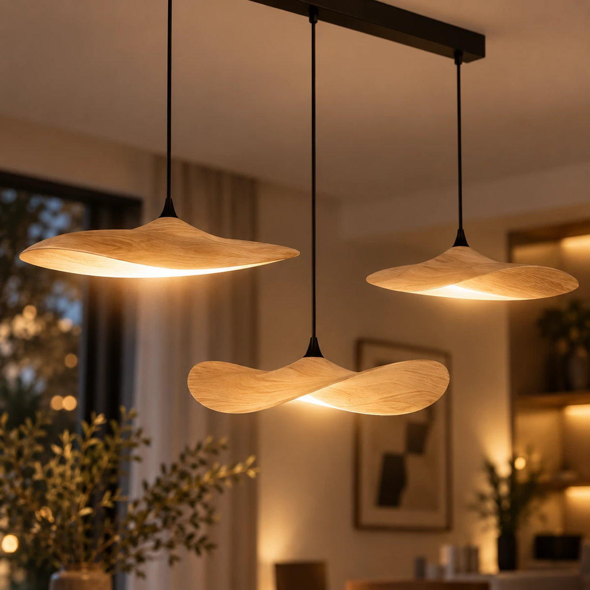 Lustre Bois 3 Feuilles claire - zoom