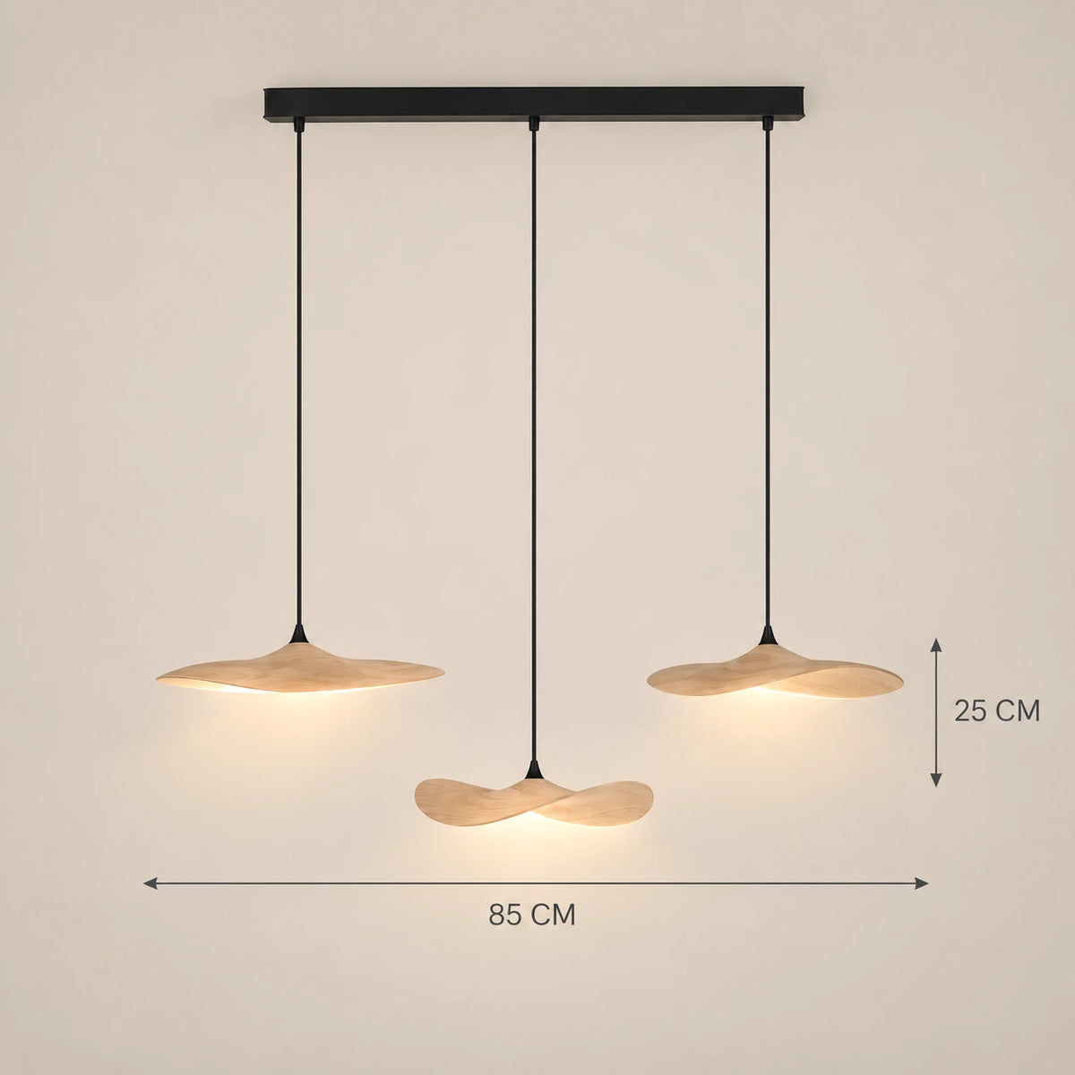 Lustre Bois 3 Feuilles claire - dimensions