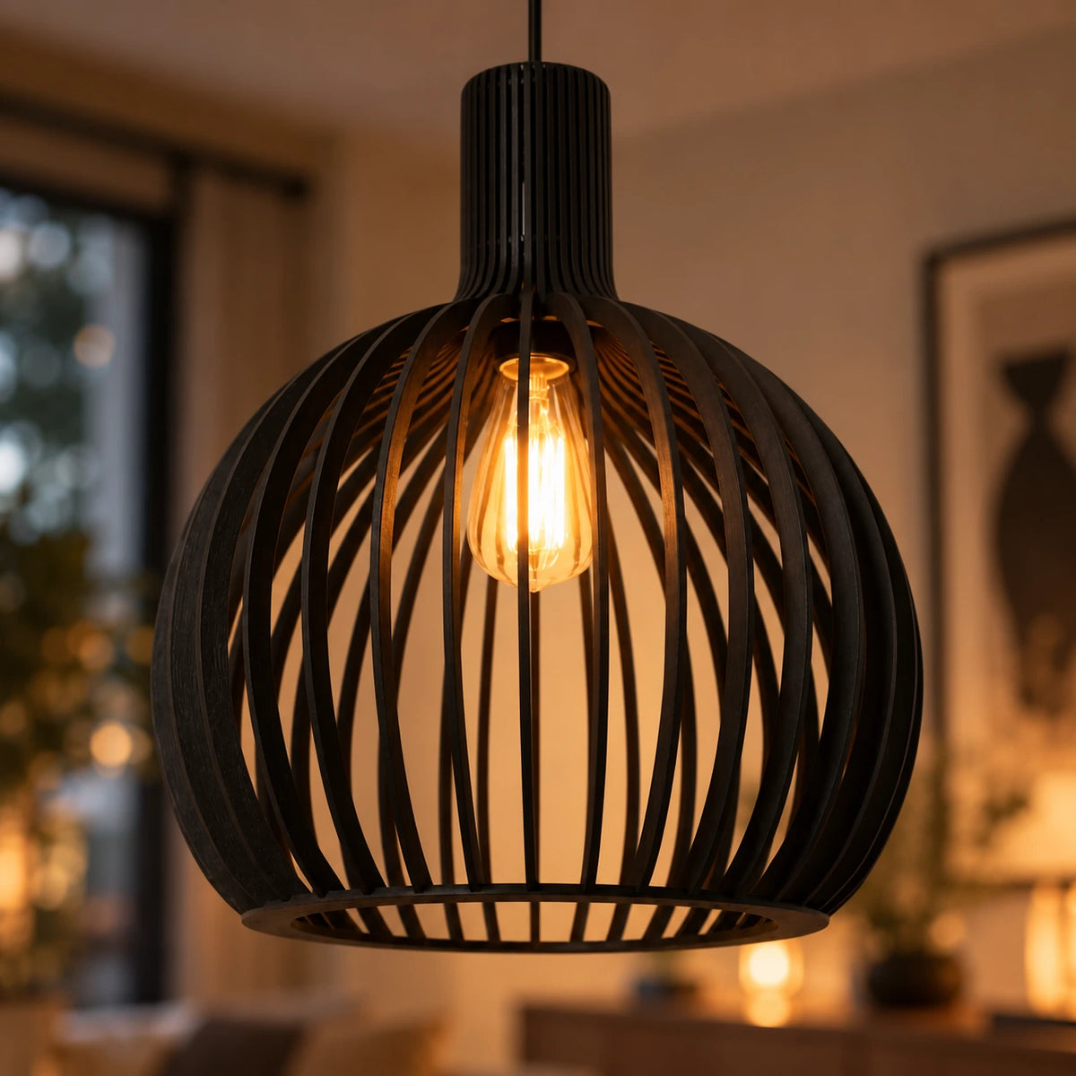 Lustre Bois Cloche Noir - zoom
