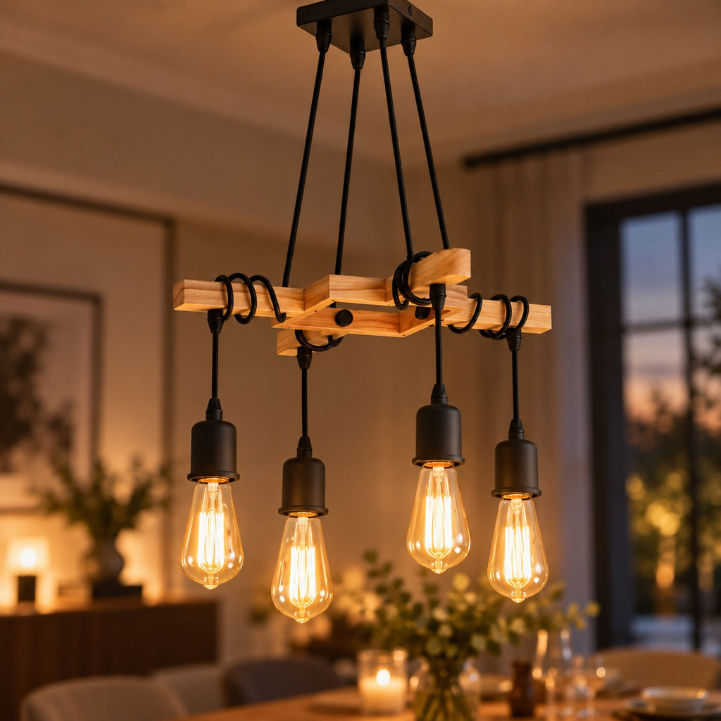 Lustre Industriel Bois 4 Ampoules - zoom
