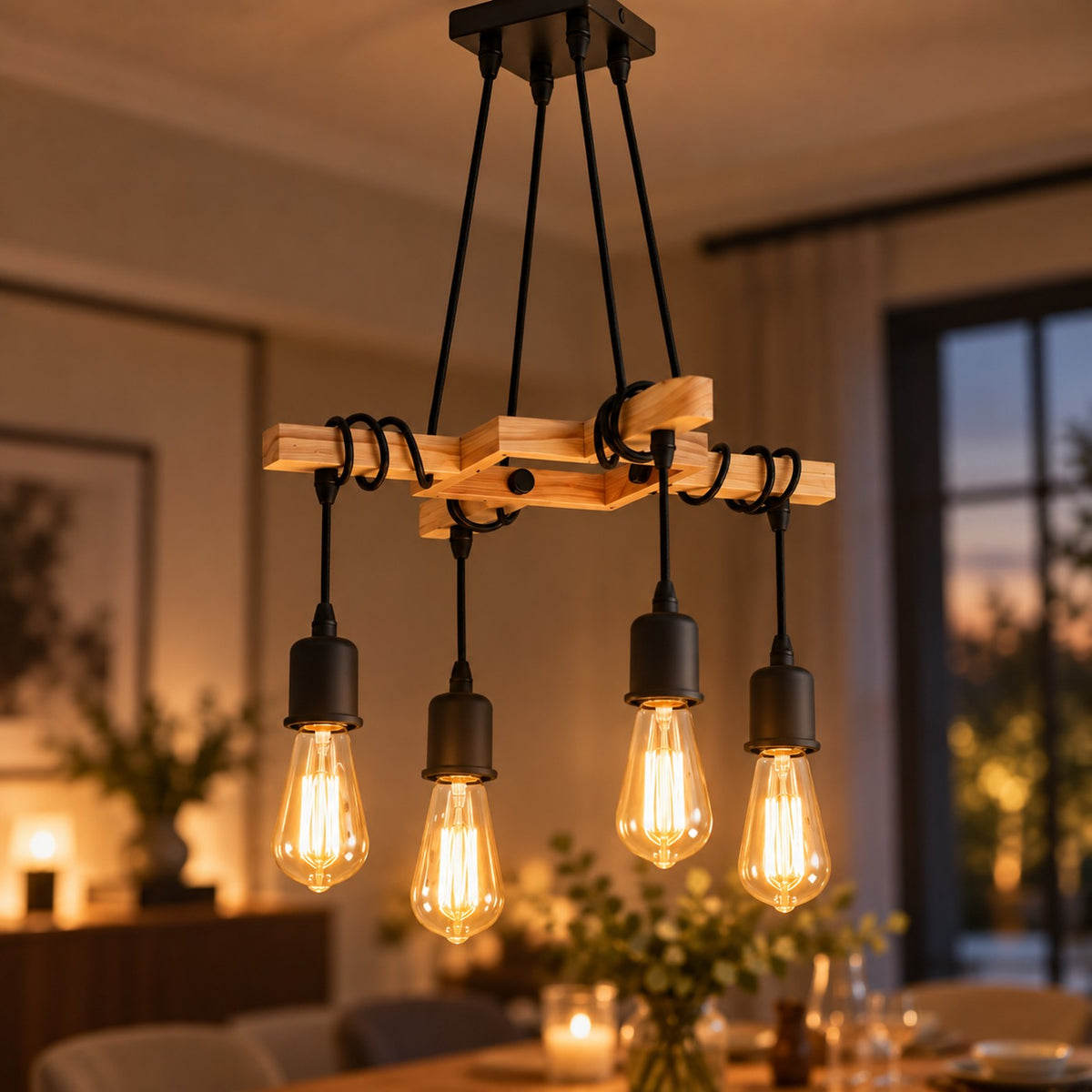 Lustre Industriel Bois 4 Ampoules - zoom