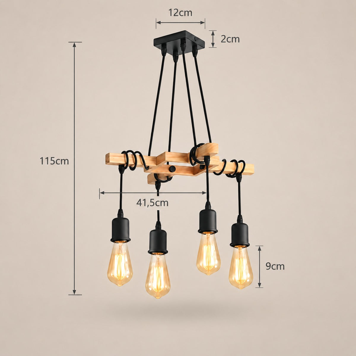 Lustre Industriel Bois 4 Ampoules - dimensions
