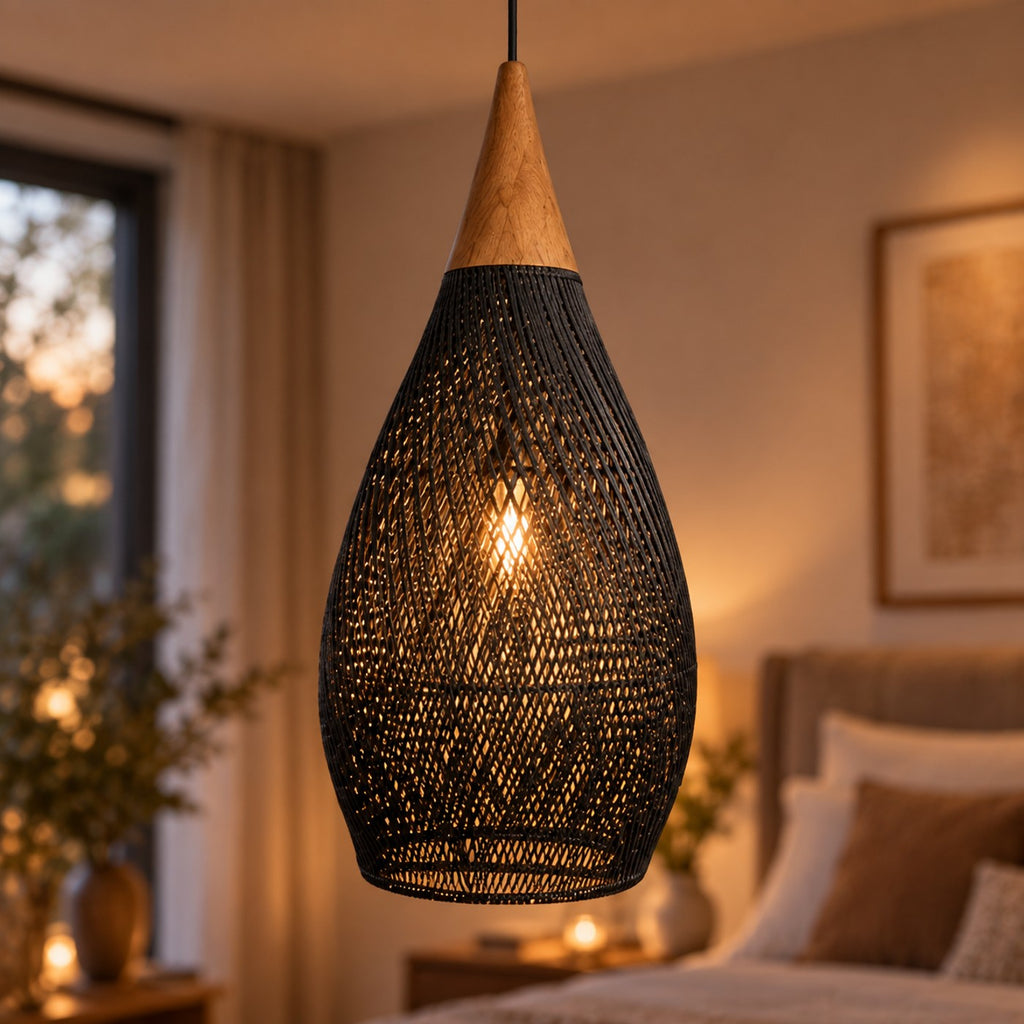 Lustre Rotin Goutte d'Eau Noir - zoom