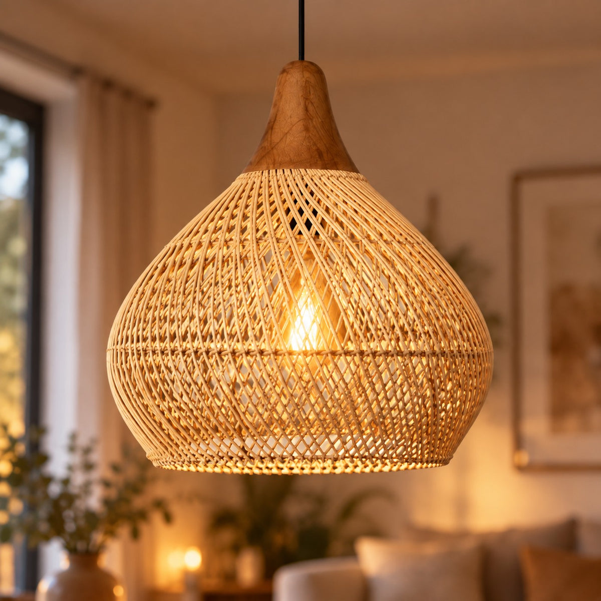 Lustre Rotin Cloche Inversée - zoom