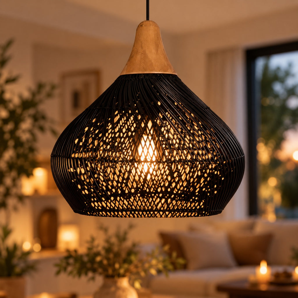 Lustre Rotin Cloche Inversée Noir - zoom