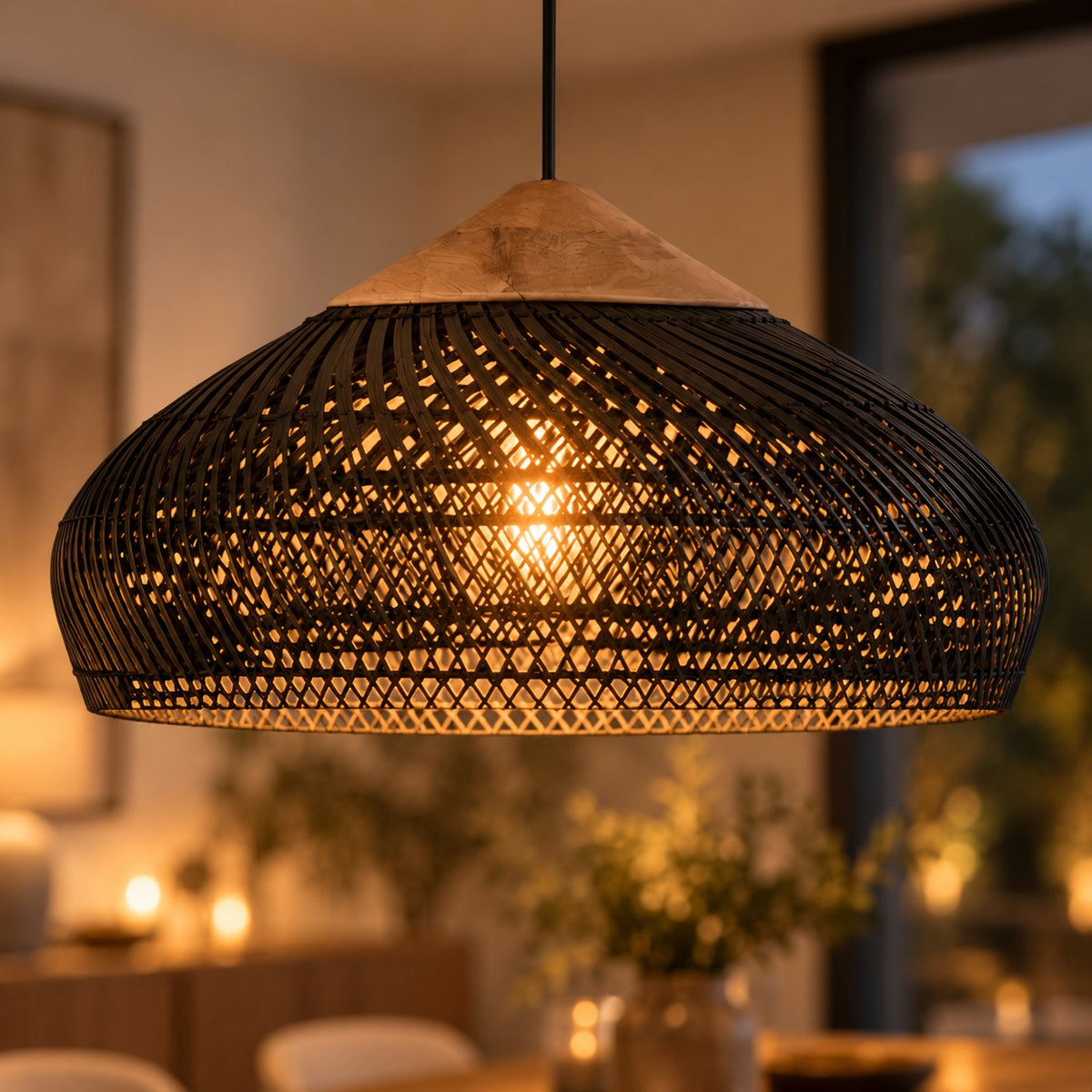 Lustre Rotin Soucoupe Noir - zoom
