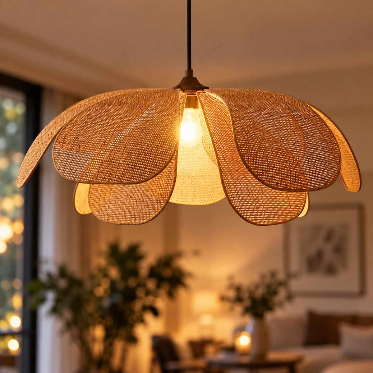 Lustre Fleur Rotin - zoom