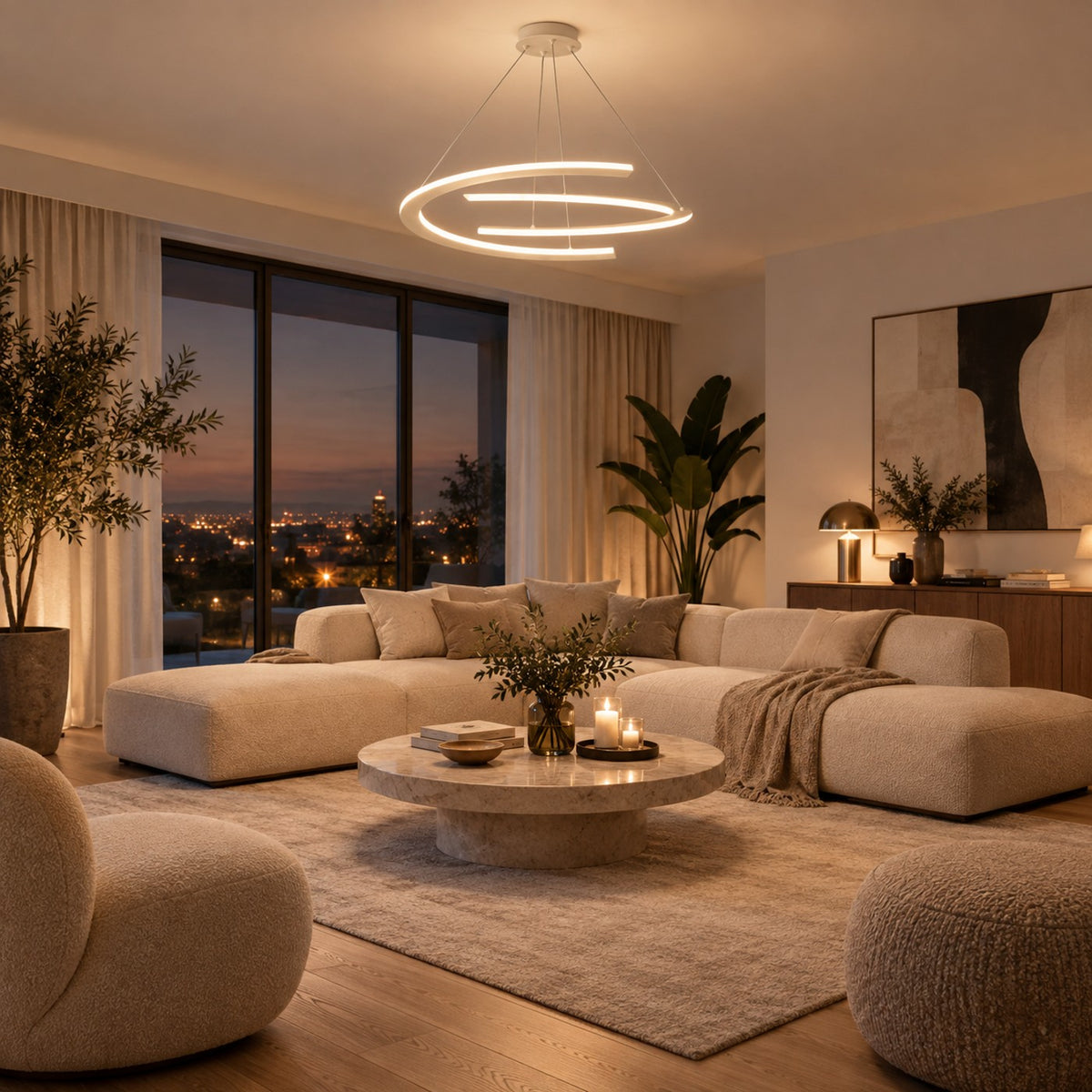 Lustre Salon Moderne Anneaux Lumineux Blanc - ambiance
