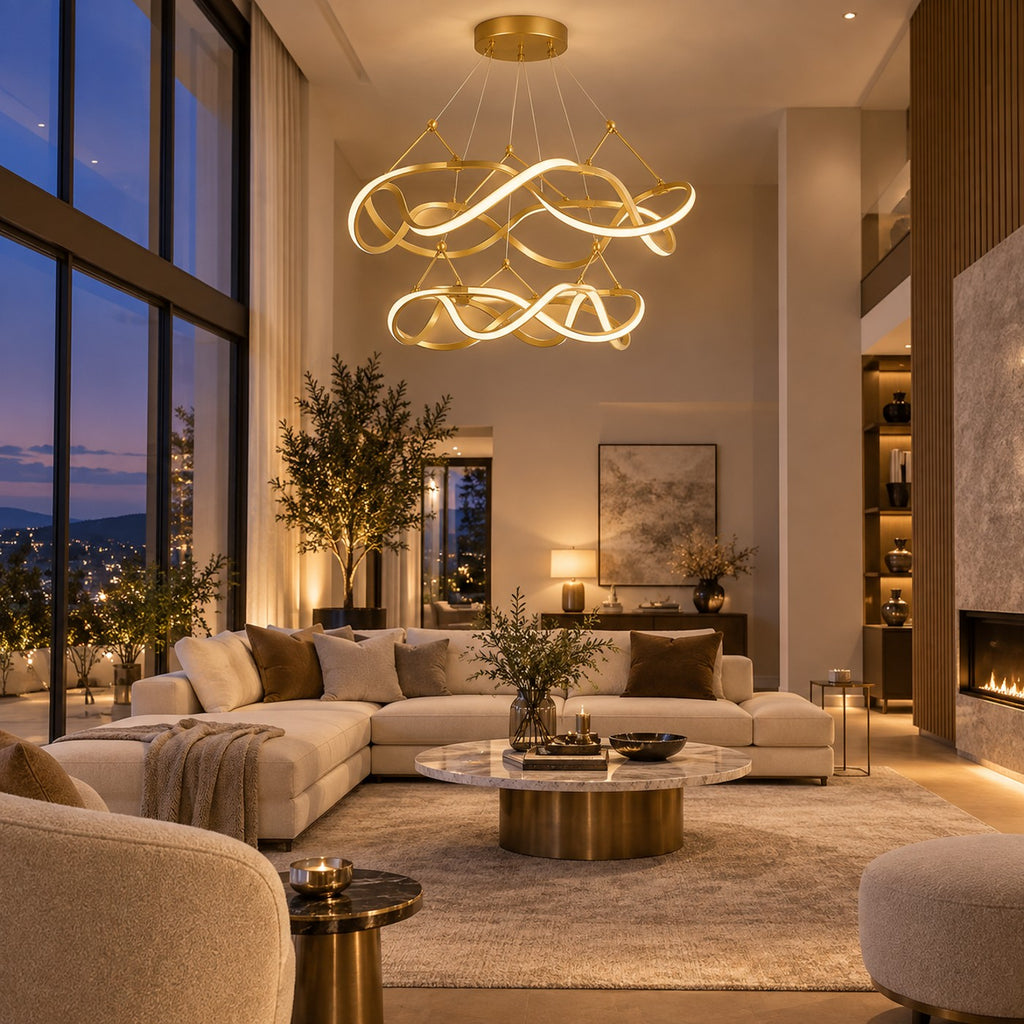 Grand Lustre Moderne Ruban Dorée - ambiance