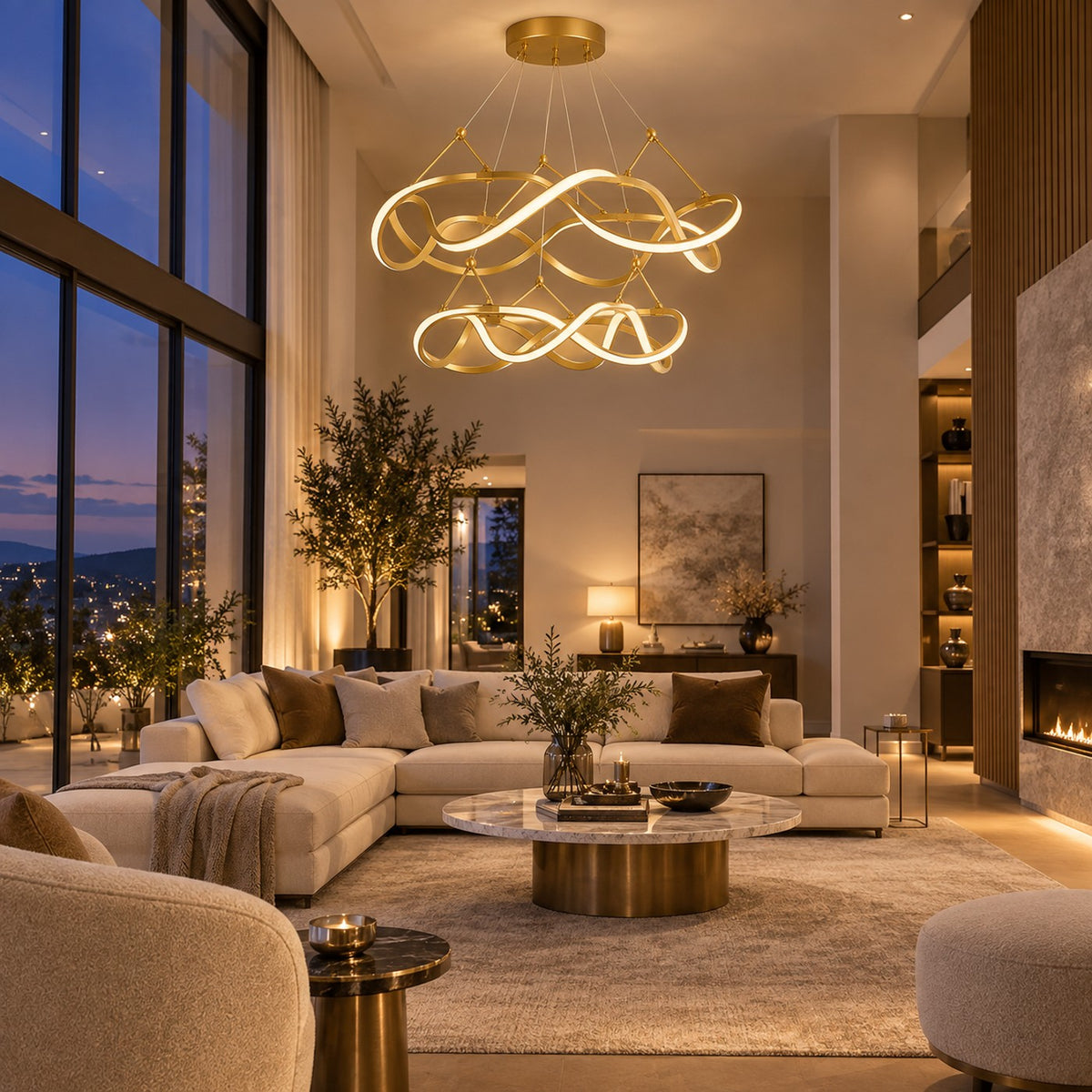 Grand Lustre Moderne Ruban Dorée - ambiance