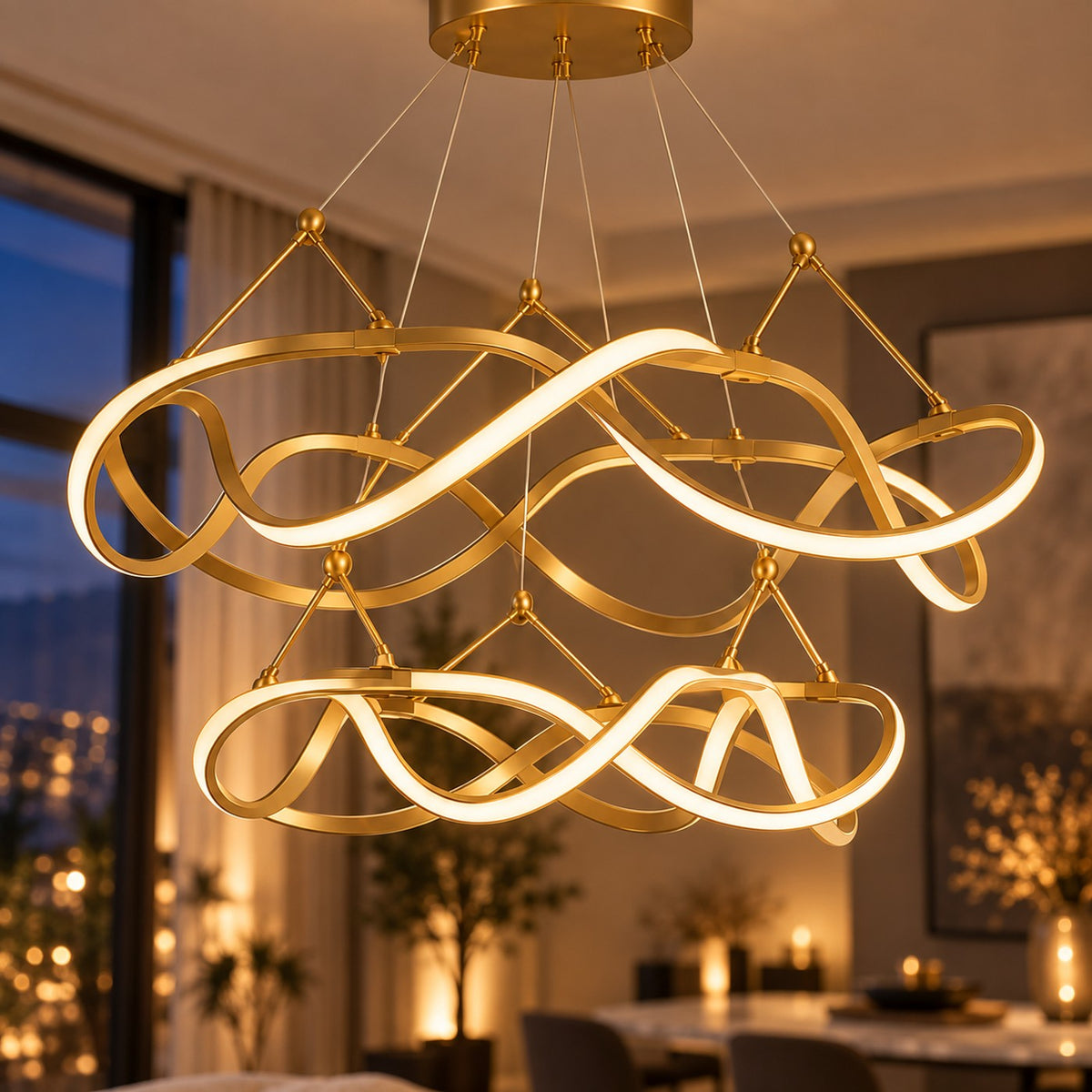 Grand Lustre Moderne Ruban Dorée - zoom