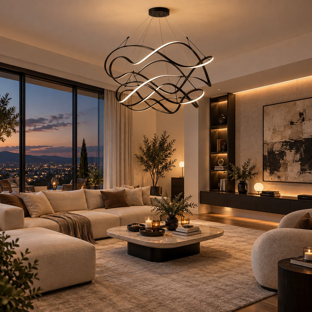 Grand Lustre Moderne Ruban Noir - ambiance