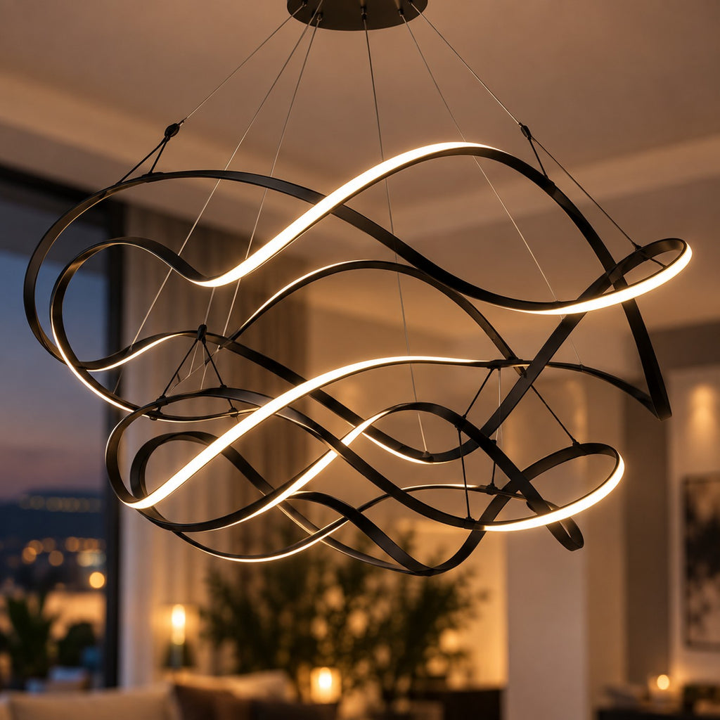Grand Lustre Moderne Ruban Noir - zoom