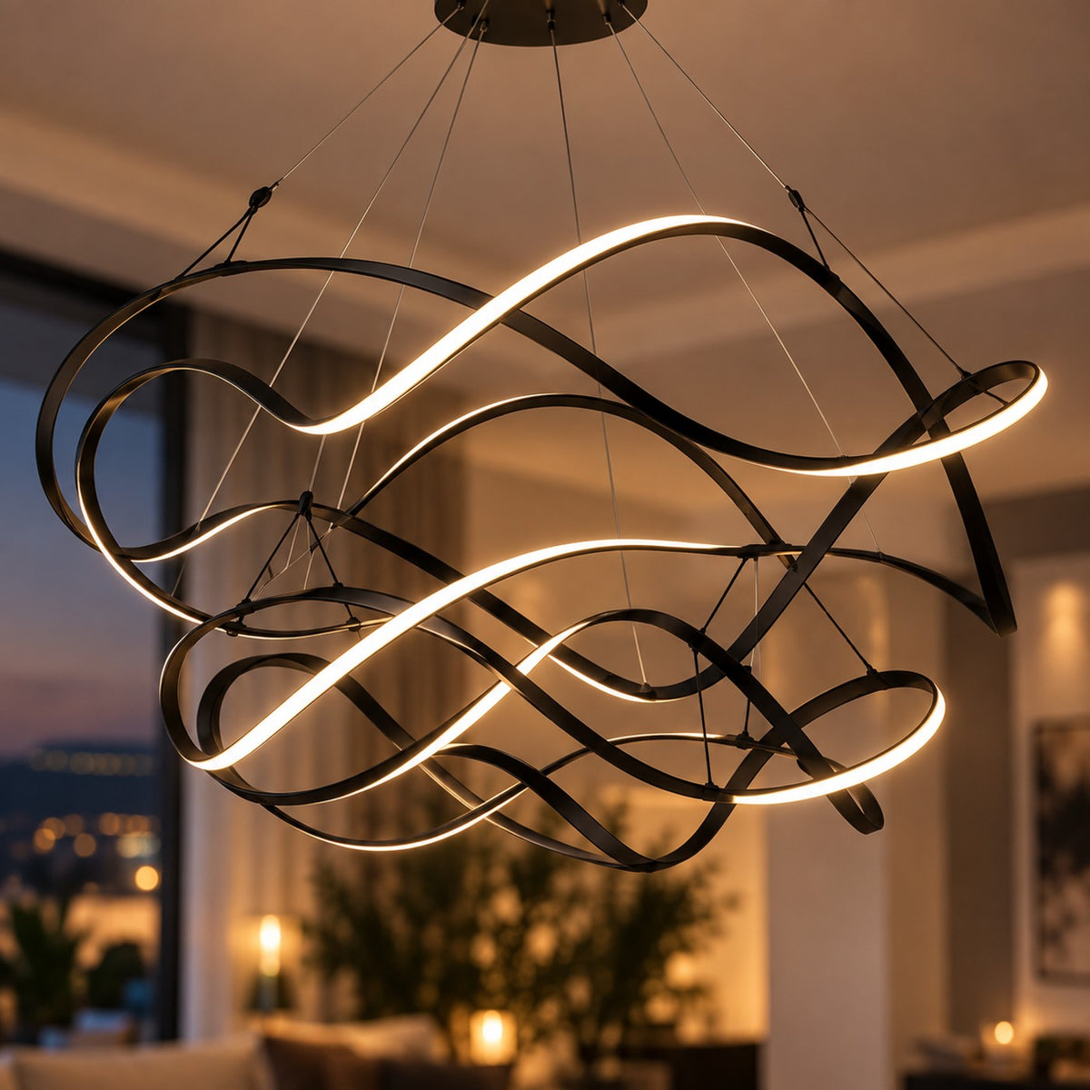 Grand Lustre Moderne Ruban Noir - zoom