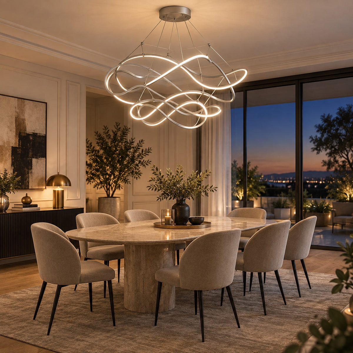 Grand Lustre Moderne Ruban Argent - ambiance
