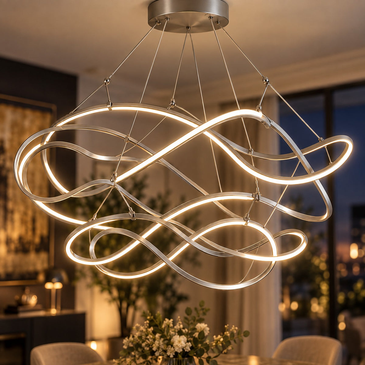 Grand Lustre Moderne Ruban Argent - zoom