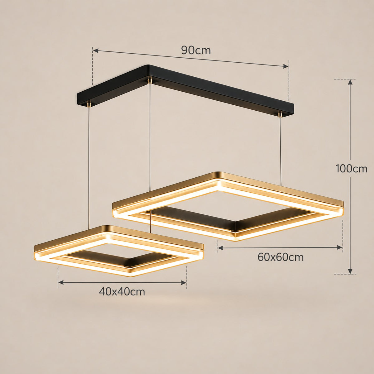 Lustre Moderne Double Carré Dorée - dimensions