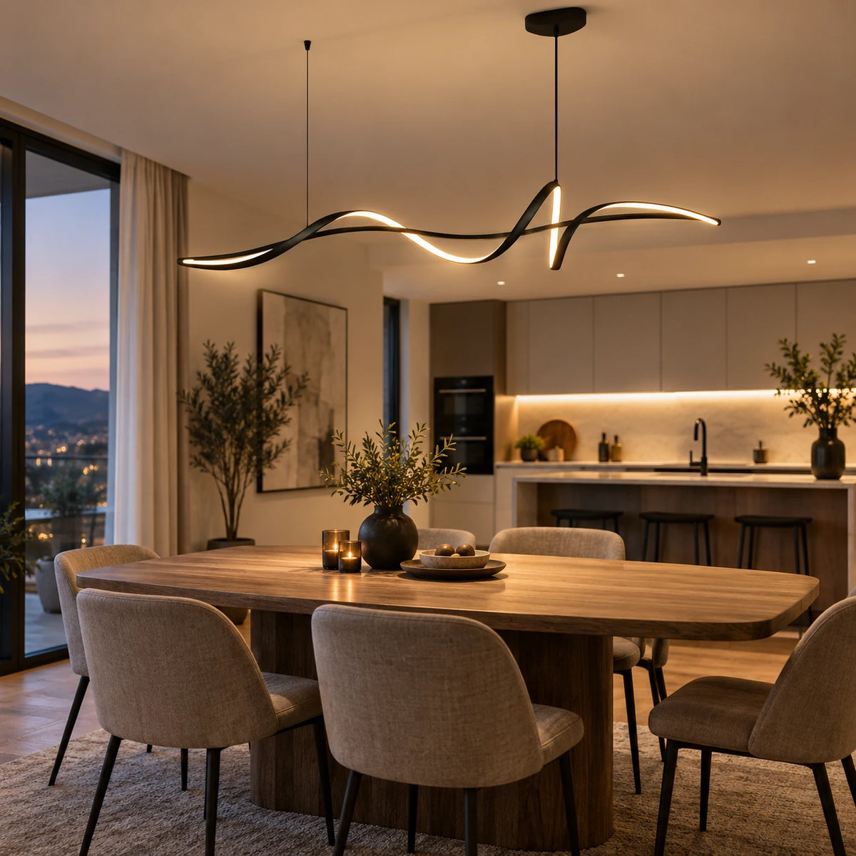 Lustre Salon Moderne Onde Noir - ambiance