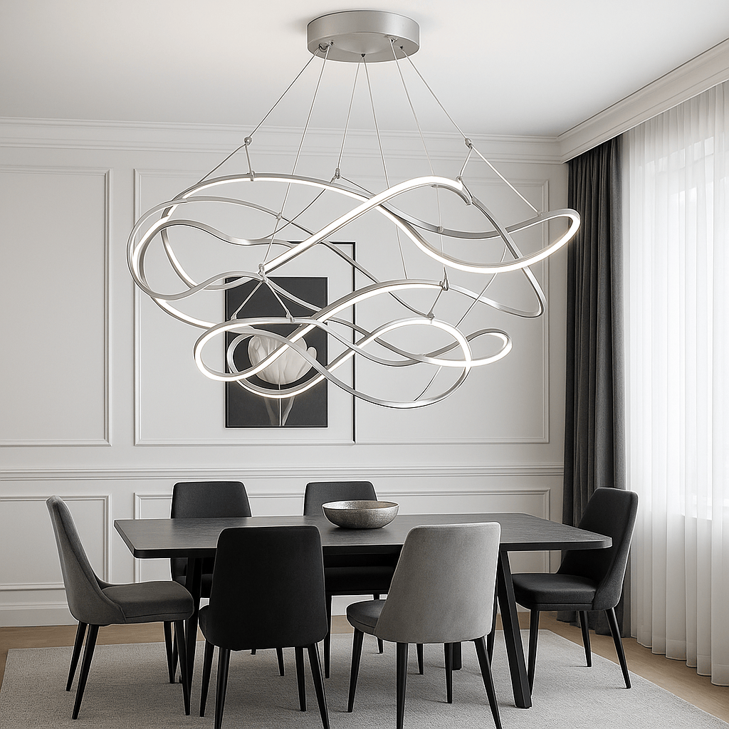 Grand Lustre Moderne Ruban Argent Argent