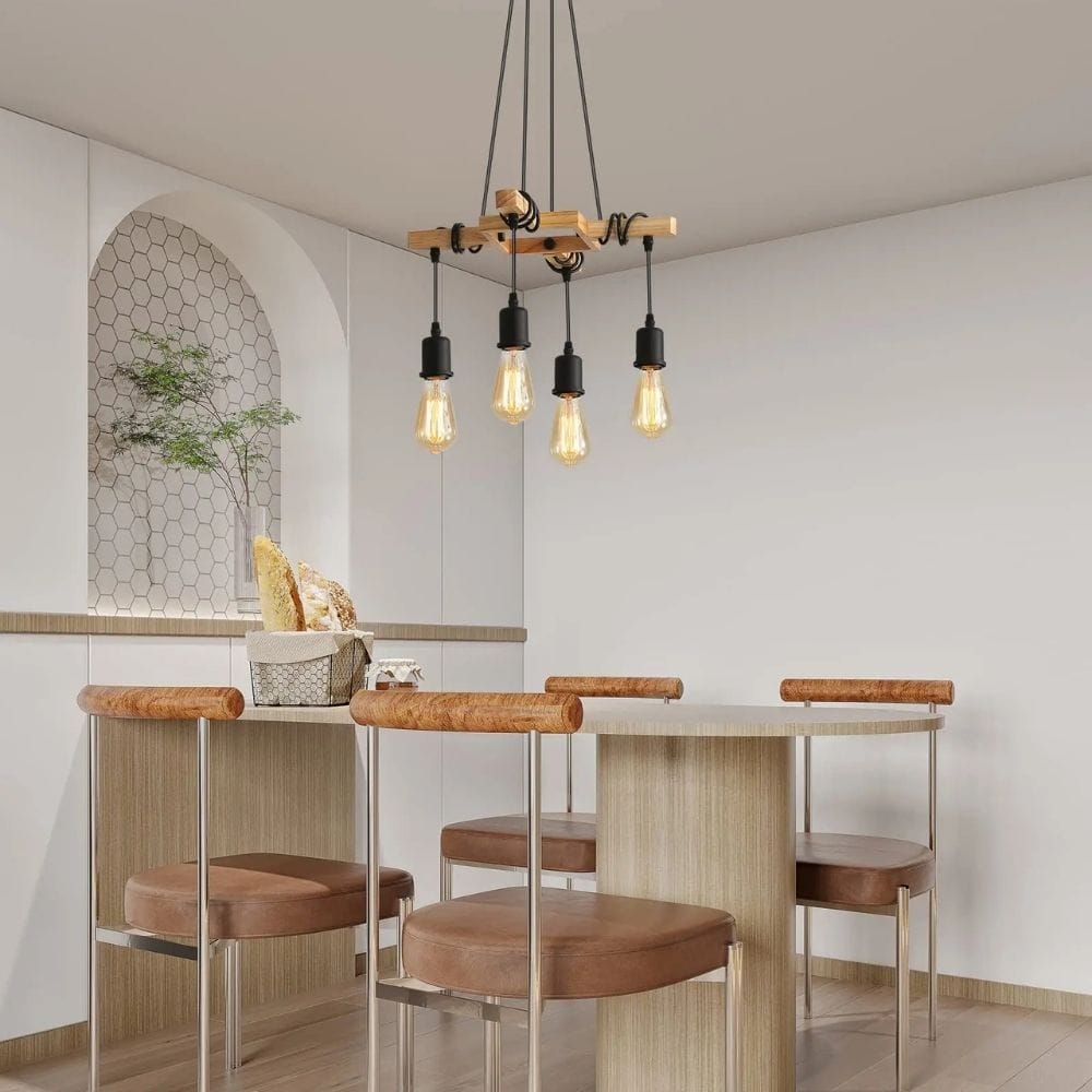 Lustre Industriel Bois 4 Ampoules Beige