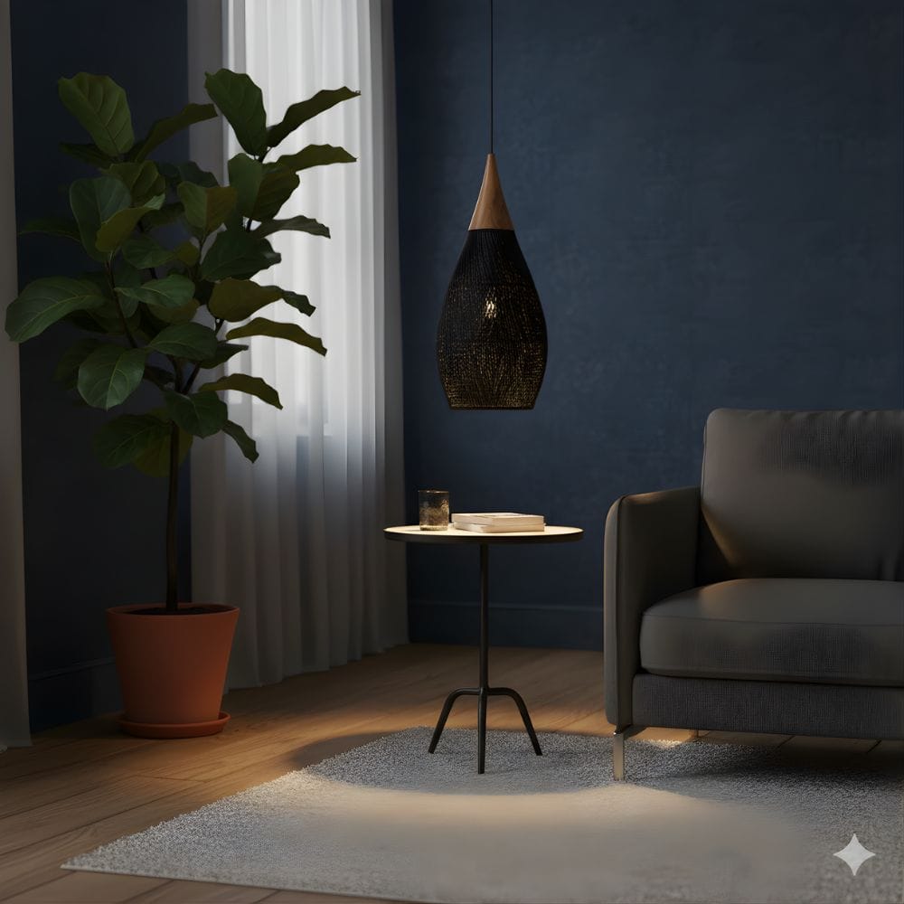 Lustre Rotin Goutte d'Eau Rotin Noir Noir