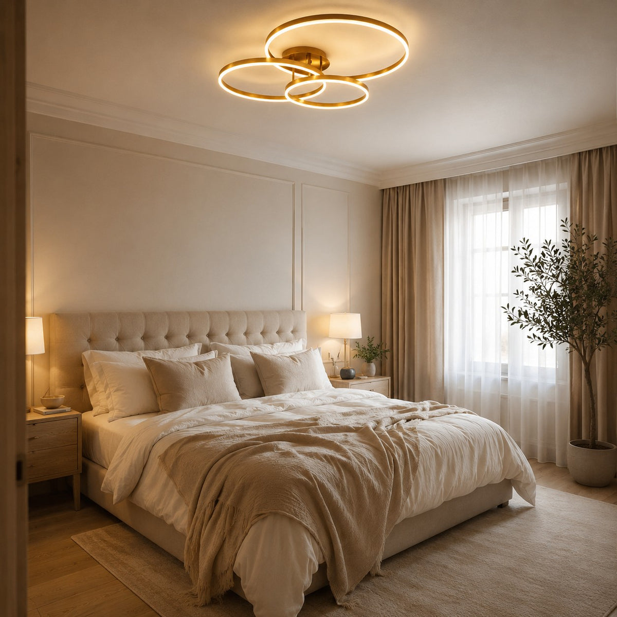 Lustre Chambre Triple Anneaux Doree - ambiance chambre